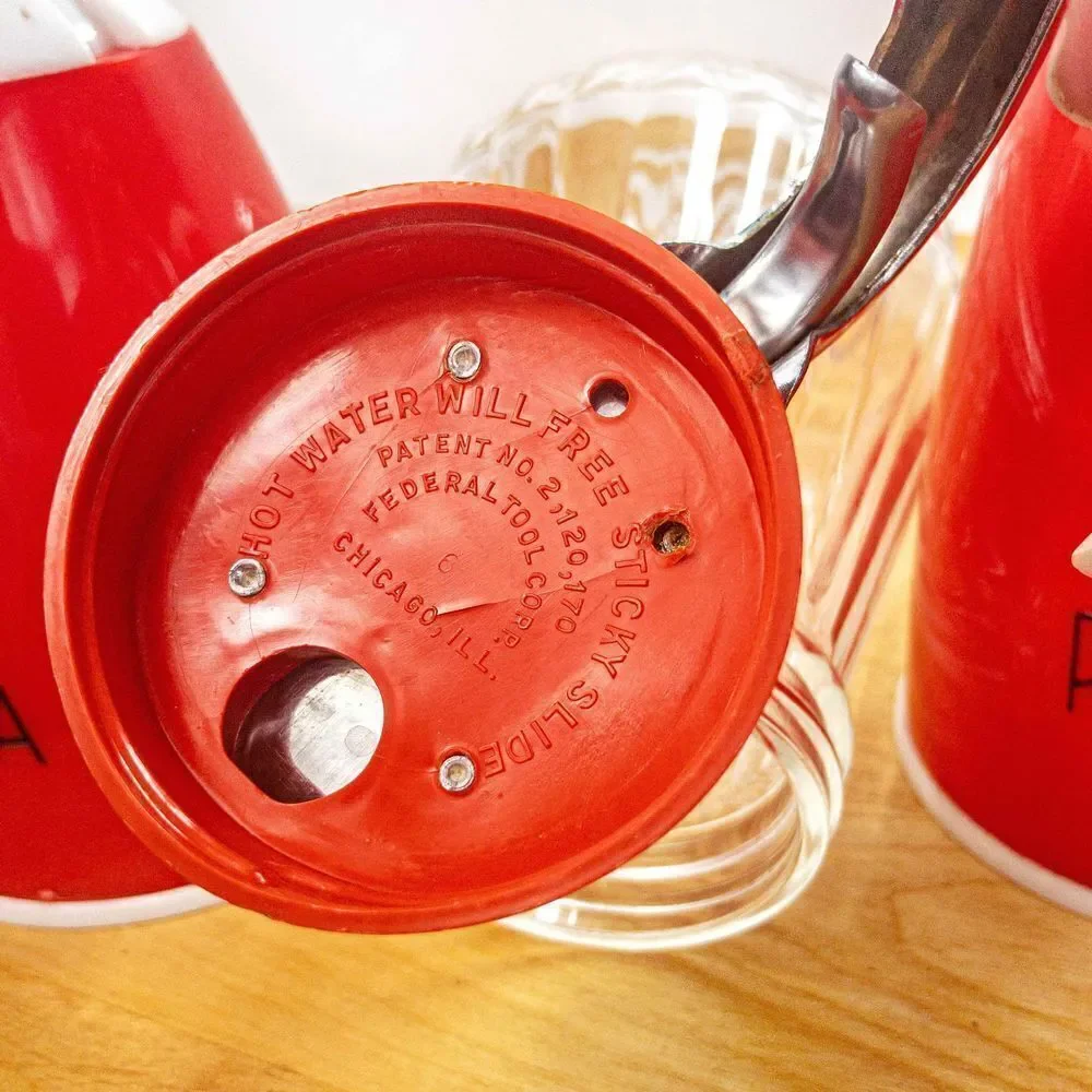MCM Atomic Red Diner Set: Salt & Pepper Shakers and Syrup Pitcher